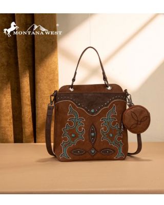 MW1344-8319 BR Montana West Embroidered Boot Scroll Top Handle Crossbody With Coin Pouch