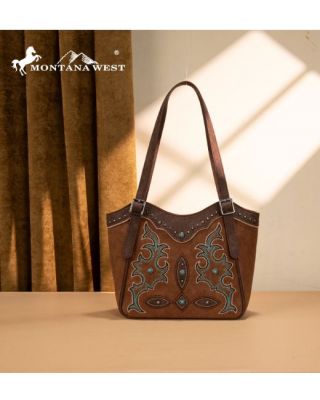 MW1344-8250 BR Montana West Embroidered Boot Scroll Tote