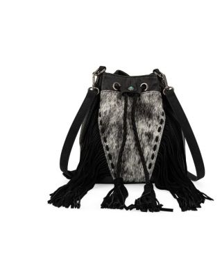 MW1349-8311 BK Montana West Hair-On Cowhide Drawstring Crossbody Bucket Bag