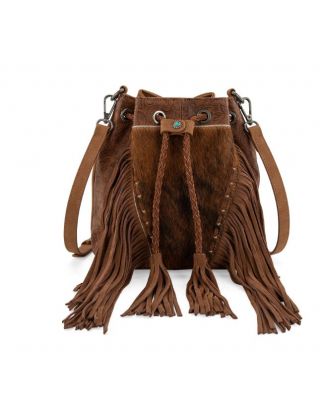 MW1349-8311 BR Montana West Hair-On Cowhide Drawstring Crossbody Bucket Bag