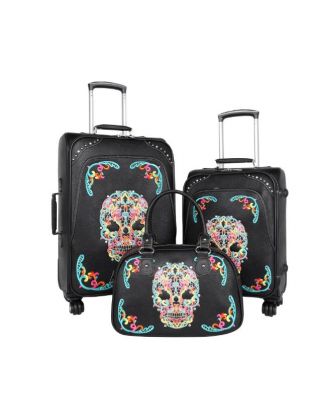 MW494-L1-2-3 BK/MT Montana West Sugar Skull Collection 3 PC Luggage Set 