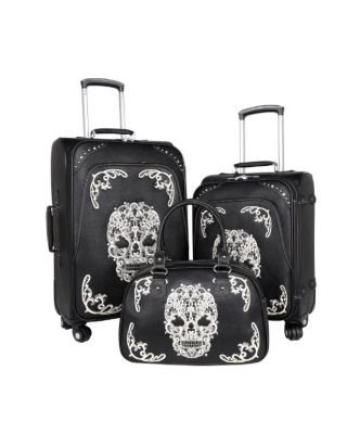 MW494-L1-2-3 BK/WT Montana West Sugar Skull Collection 3 PC Luggage Set 