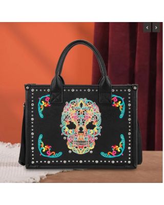MW494G-H8120S BK Montana West Embroidered Sugar Skull Tote/Crossbody
