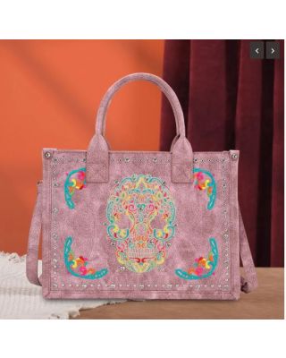 MW494G-H8120S PK Montana West Embroidered Sugar Skull Tote/Crossbody