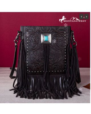 MWR-062 CF Montana West Genuine Leather Tooled Silver Turquoise Concho Fringe Crossbody 