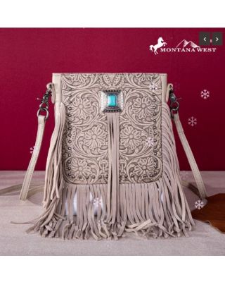 MWR-062 TN Montana West Genuine Leather Tooled Silver Turquoise Concho Fringe Crossbody 