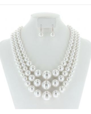 NPY065 RWH Multi Layered Pearl Strands Chunky Necklace And Earrings Set