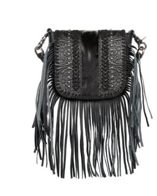 RLC-L168 BK Montana West Genuine Leather Tooled Collection Fringe Crossbody