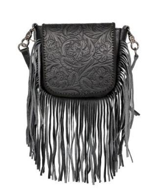 RLC-L159 BK  Montana West Genuine Leather Tooled Collection Fringe Crossbody