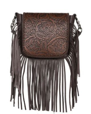 RLC-L159 CF Montana West Genuine Leather Tooled Collection Fringe Crossbody