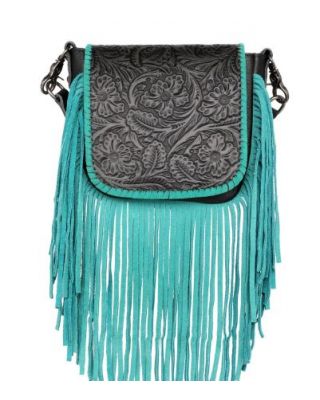 RLC-L159 BK/TQ  Montana West Genuine Leather Tooled Collection Fringe Crossbody