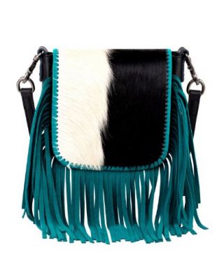 RLC-L161 BK/TQ Montana West Genuine Leather Hair-On Collection Fringe Crossbody