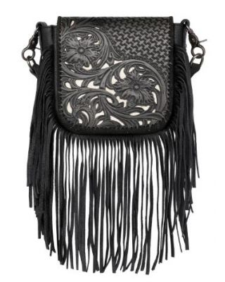 RLC-L162 BK Montana West Genuine Leather Tooled Collection Fringe Crossbody