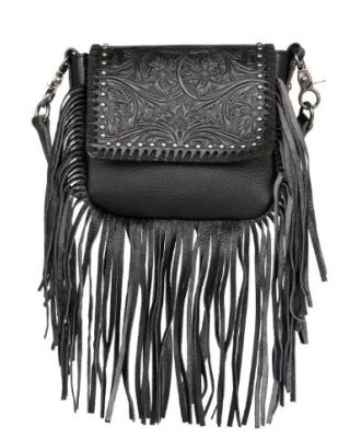 RLC-L164 BK Montana West Genuine Leather Tooled Collection Fringe Crossbody
