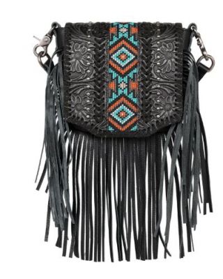 RLC-L166 BK Montana West Genuine Leather Tooled Collection Fringe Crossbody
