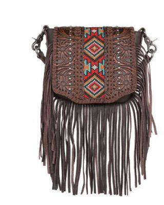 RLC-L166 CF Montana West Genuine Leather Tooled Collection Fringe Crossbody