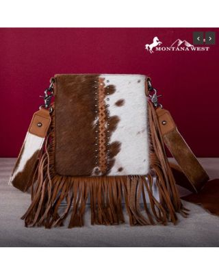 RLC-L186 BR Montana West Genuine Leather Hair-On Fringe Crossbody 