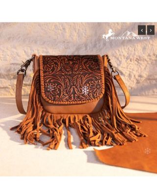 RLC-L187  BR Montana West Genuine Leather Tooled Fringe Crossbody 