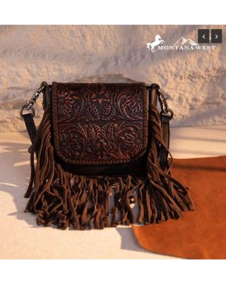 RLC-L187  CF Montana West Genuine Leather Tooled Fringe Crossbody 