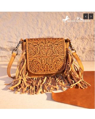 RLC-L187  LBR Montana West Genuine Leather Tooled Fringe Crossbody 