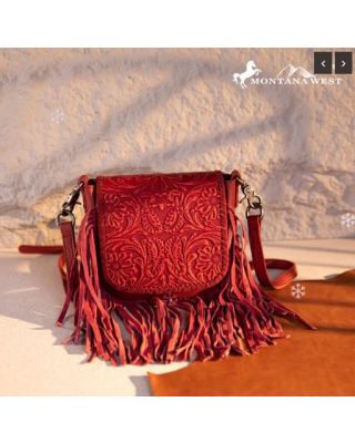 RLC-L187  RD Montana West Genuine Leather Tooled Fringe Crossbody 