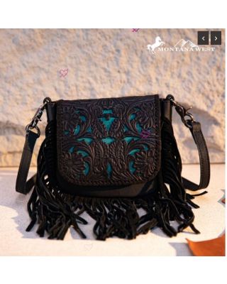 RLC-L188 BK Montana West Genuine Leather Tooled Fringe Crossbody