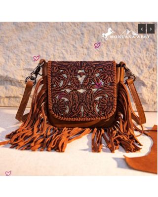 RLC-L188 BR Montana West Genuine Leather Tooled Fringe Crossbody