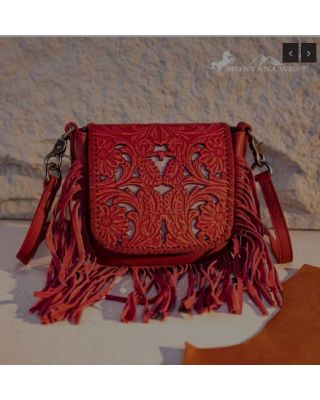 RLC-L188 RD Montana West Genuine Leather Tooled Fringe Crossbody