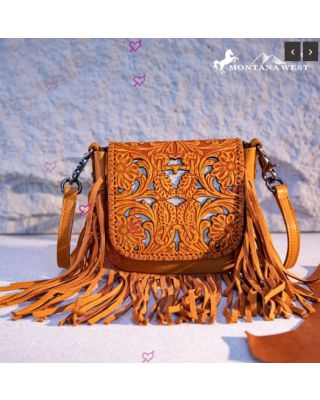 RLC-L188 YL Montana West Genuine Leather Tooled Fringe Crossbody