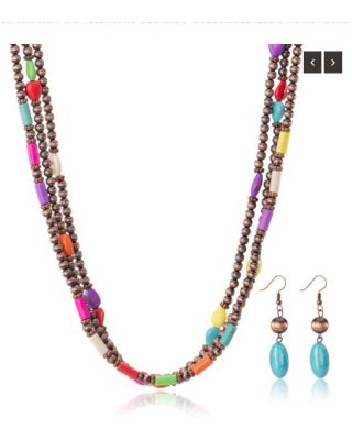 RNS-1033 MT Rustic Couture's Turquoise Beaded Layered Necklace Earrings Set