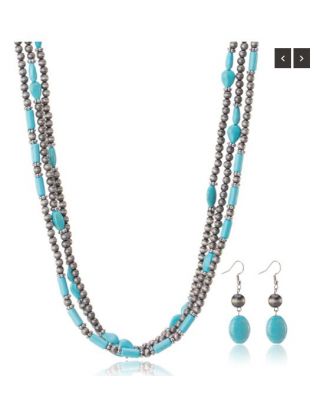 RNS-1033 TQ Rustic Couture's Turquoise Beaded Layered Necklace Earrings Set