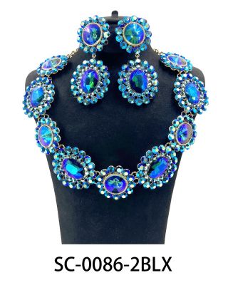 SC-0082 2BLX BLUE/AB CRYSTAL NECKLACE POST EARRING SET