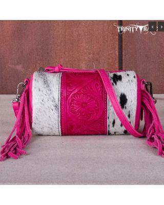 TR159-154 HPK Trinity Ranch Genuine Hair-On Cowhide/Fringe Collection Barrel Crossbody