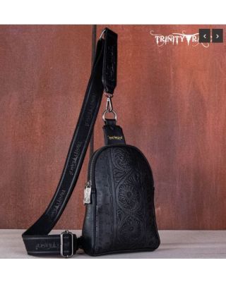 TR159-210A BK Trinity Ranch Floral Tooled Collection Sling Bag