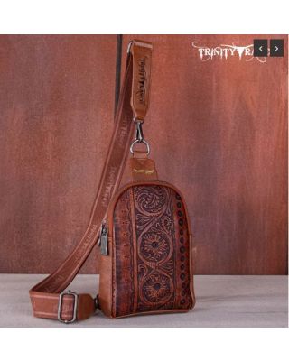 TR159-210A BR Trinity Ranch Floral Tooled Collection Sling Bag