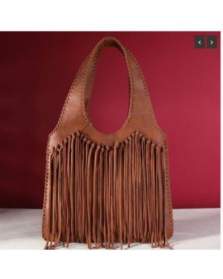 TR161G-918 BR Trinity Ranch Hand-Tie fringe Concealed Carry Hobo Shoulder Bag