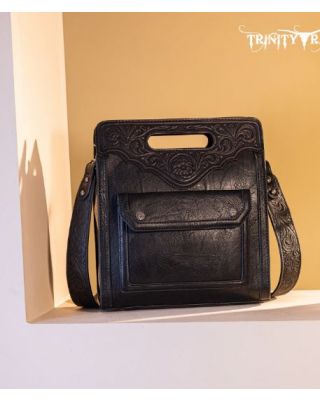 TR173G-9360 BK  Trinity Ranch Floral Tooled Concealed Carry Crossbody Bag
