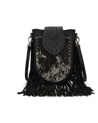 TR180-8360 BK Trinity Ranch Genuine Hair-On Cowhide Tooled Fringe Crossbody Bag