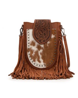 TR180-8360 BR Trinity Ranch Genuine Hair-On Cowhide Tooled Fringe Crossbody Bag