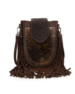TR180-8360 CF Trinity Ranch Genuine Hair-On Cowhide Tooled Fringe Crossbody Bag