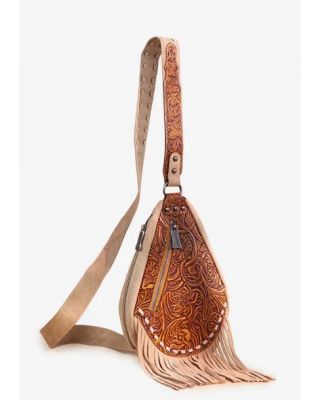 TR193-2102 BR Trinity Ranch Floral Tooled Fringe Sling Bag