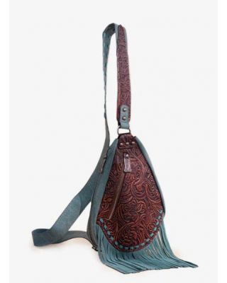 TR193-2102 TQ Trinity Ranch Floral Tooled Fringe Sling Bag