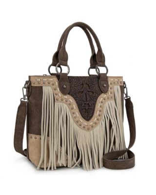 TR194-8250 CF Trinity Ranch Floral Tooled Fringe Tote/Crossbody