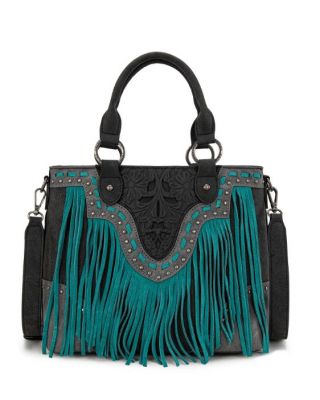 TR194-8250 BK Trinity Ranch Floral Tooled Fringe Tote/Crossbody