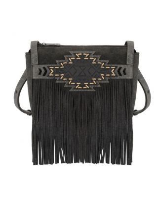 TR196-8287 BK Trinity Ranch Aztec Tooled Fringe Crossbody