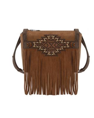 TR196-8287 BR Trinity Ranch Aztec Tooled Fringe Crossbody