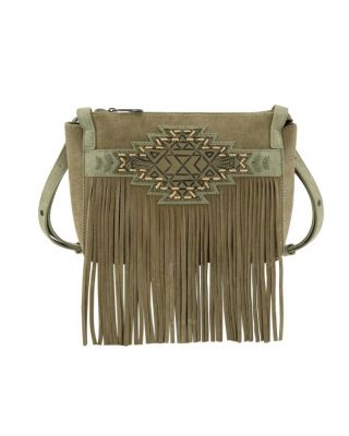 TR196-8287 GN Trinity Ranch Aztec Tooled Fringe Crossbody