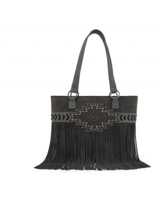 TR196G-8317 BK Trinity Ranch Aztec Tooled Fringe Concealed Carry Tote