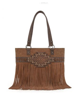 TR196G-8317 BR Trinity Ranch Aztec Tooled Fringe Concealed Carry Tote