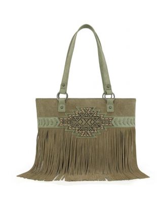 TR196G-8317 GN Trinity Ranch Aztec Tooled Fringe Concealed Carry Tote